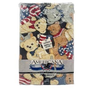 Vtg Americana Teddy Bear 70" Round Umbrella Vinyl Tablecloth Zipper Flannel Back